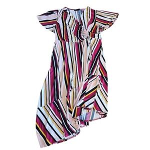 Lane Bryant Dress Women Sz 14 Pink Striped Stretch Short Sleeve Asymmetric Midi